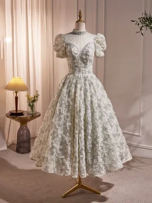 Beautiful Beading Pearl Sequins Green Prom Dresses High Neckline Tea Length Sage Green Party Dress