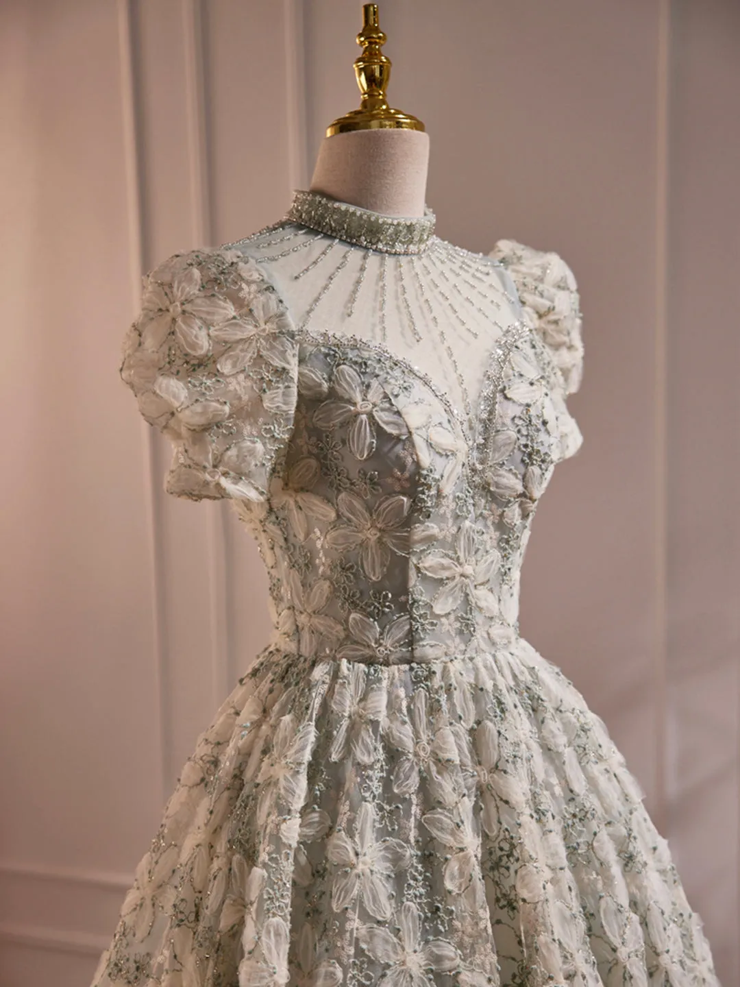 Beautiful Beading Pearl Sequins Green Prom Dresses High Neckline Tea Length Sage Green Party Dress