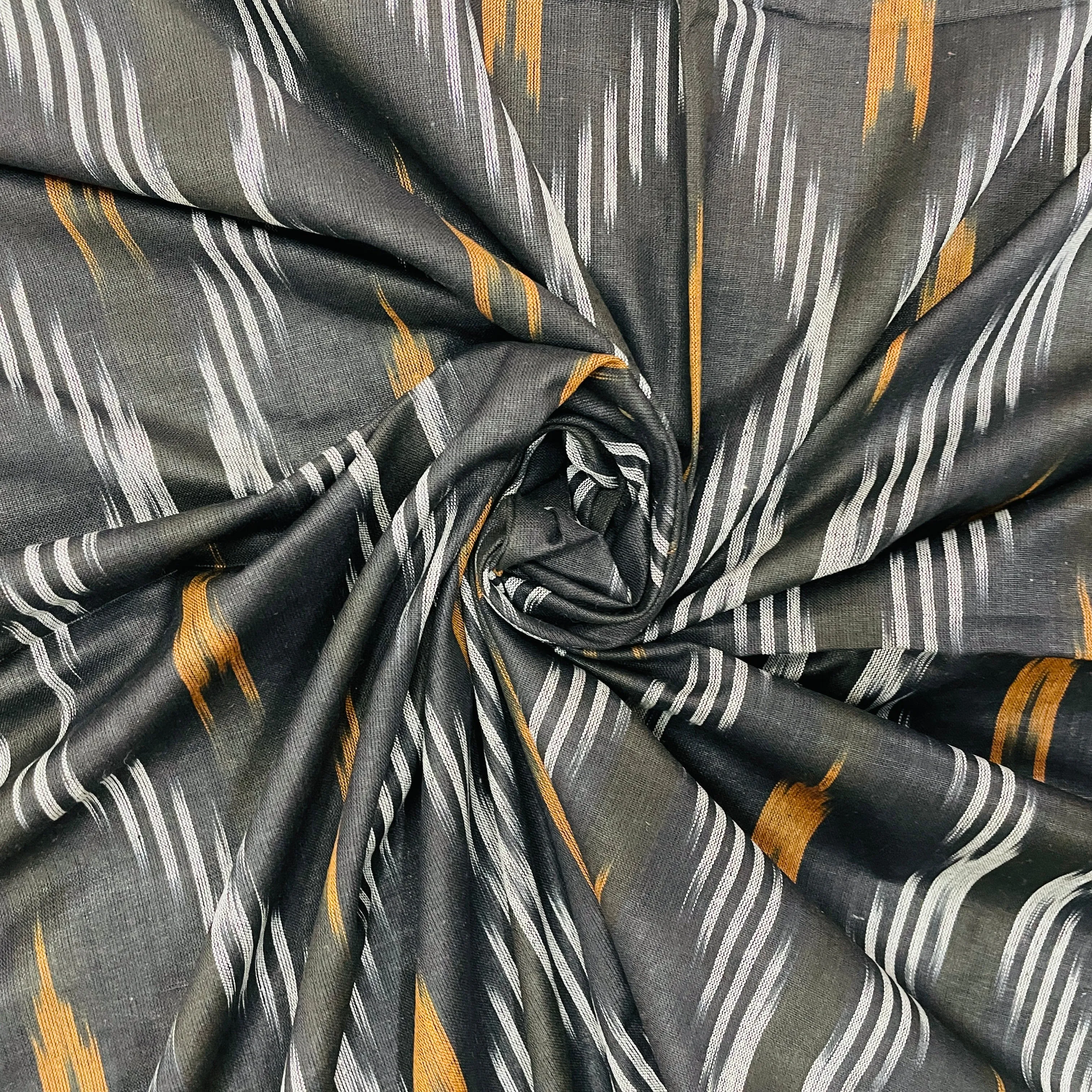 Black With White & Brown Ikkat Print Cotton Fabric