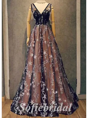 Elegant Star Tulle Spaghetti Straps V-Neck Sleeveless Lace Up A-Line Long Prom Dresses,SFPD0696