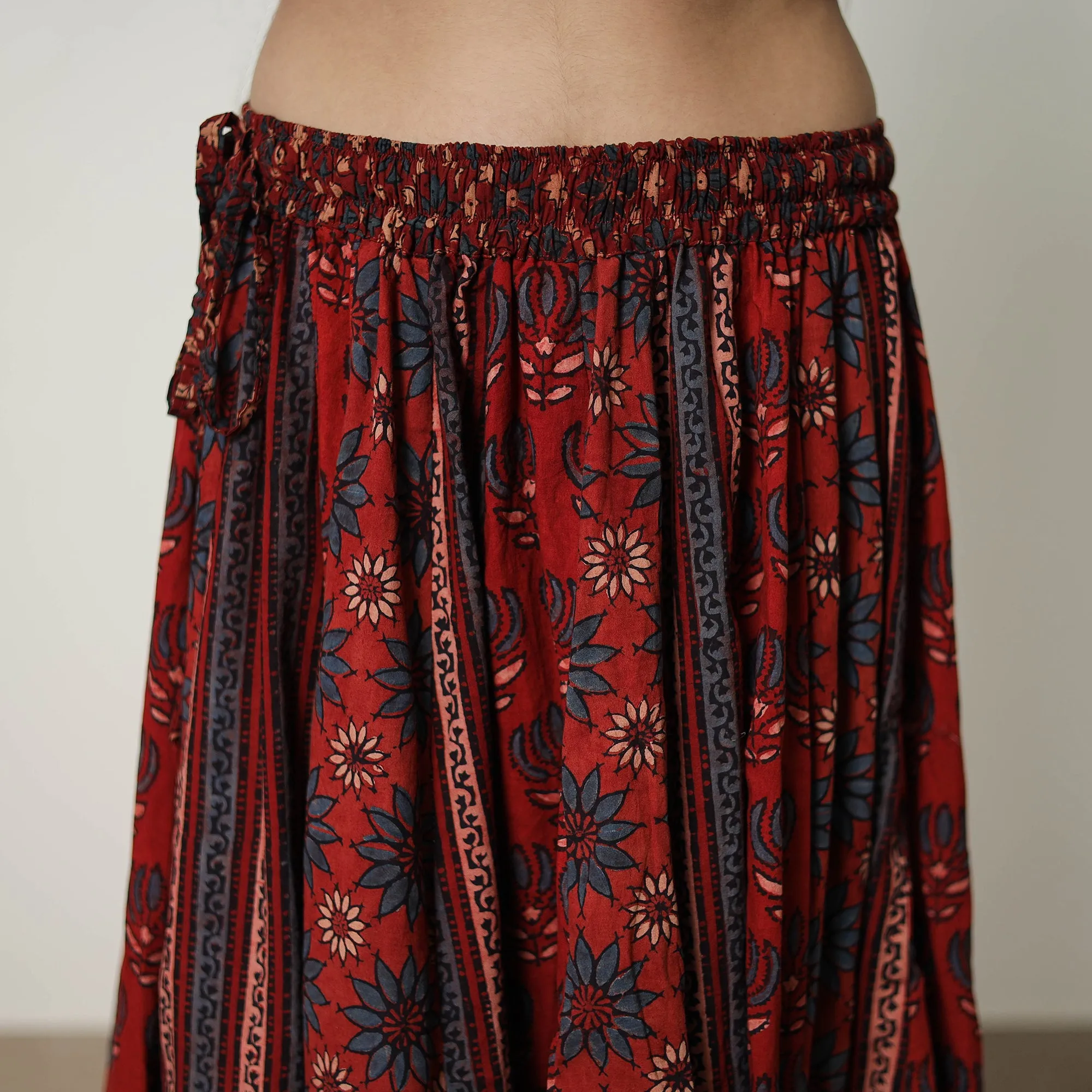 Red - Block Print Cotton 24 Kali Patchwork Ajrakh Long Skirt 01